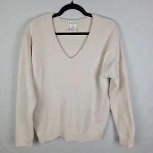 Softies Marshmallow V-Neck Lounge Sweater Ivory White Fuzzy Plush Pullover Med